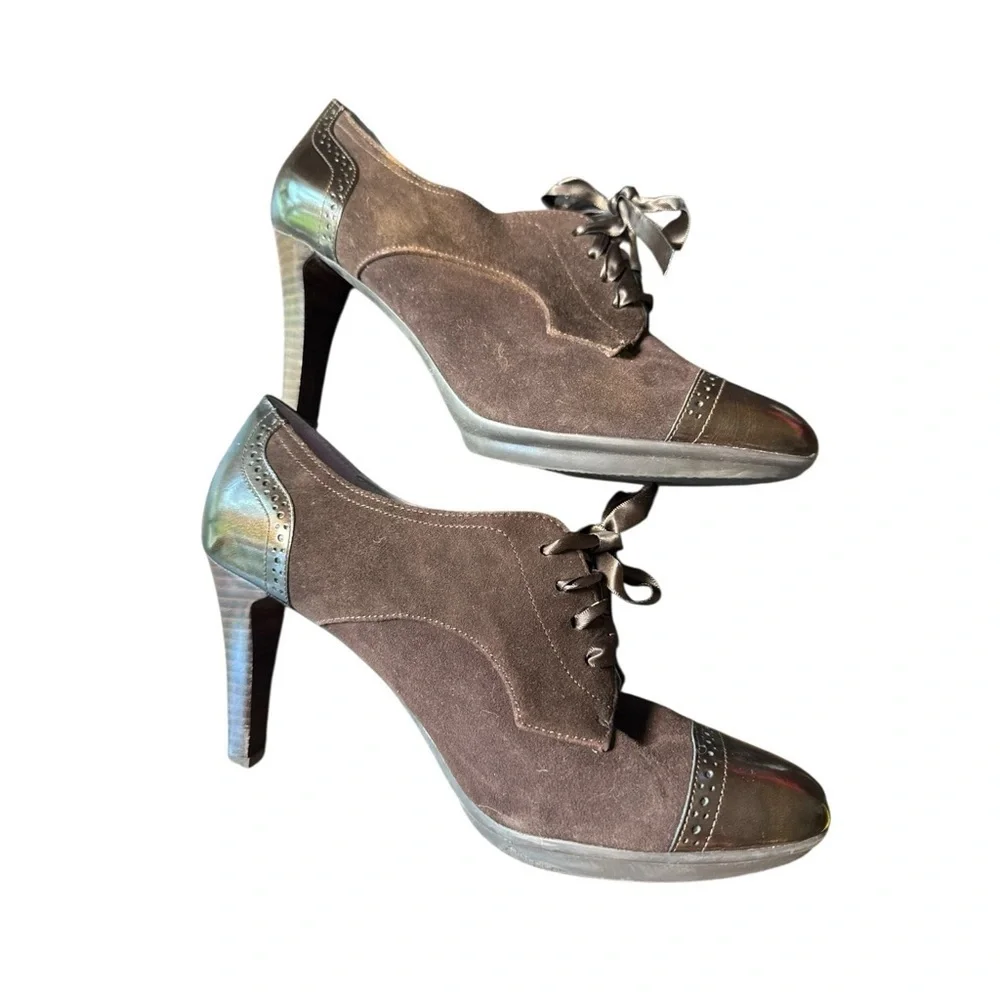 ▶️ JOHNSTON & MURPHY ◀️ Chocolste Brown Suede Oxford  Patent Heels Lace up 7.5